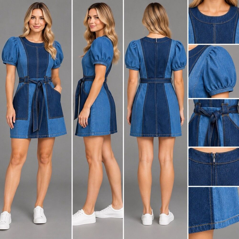 NWT BCBG Denim Colorblock Mini Dress Size 4 Short Puff Sleeve Tie Belt Sheath